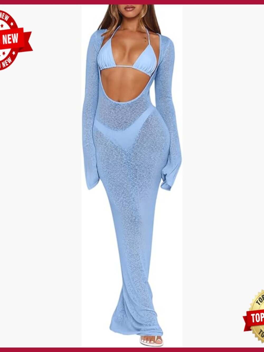 3-Piece Swimsuit Set Long Sleeve Mesh Cover Up Bikini Maxi Dress XS